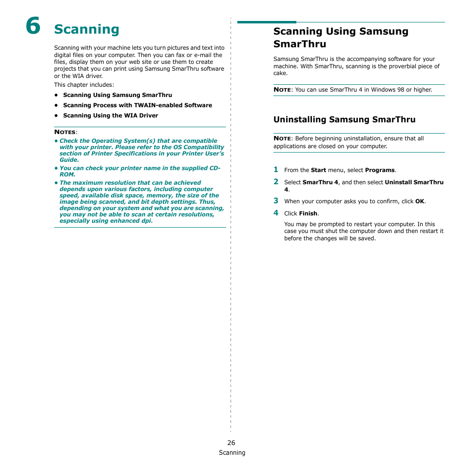 Scanning, Scanning using samsung smarthru, Uninstalling samsung smarthru | Chapter 6, Canning | Samsung CLX-216x User Manual | Page 98 / 117