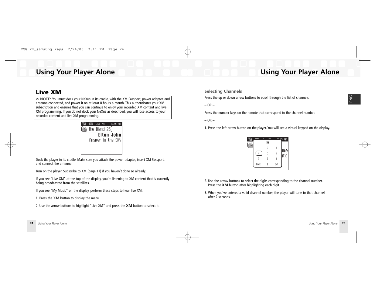 Live xm, Using your player alone | Samsung NeXus 25 User Manual | Page 13 / 40