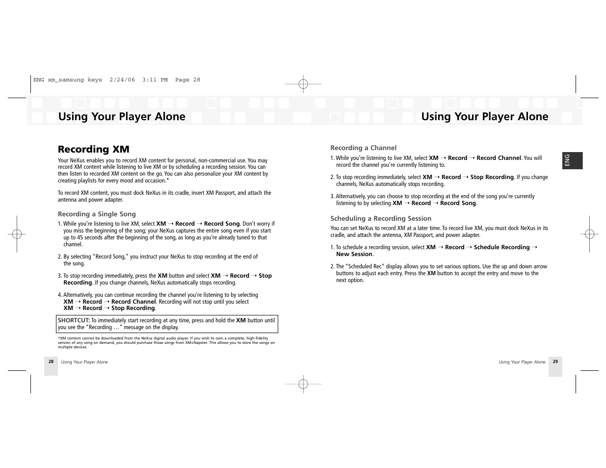 Recording xm, Using your player alone | Samsung NeXus 25 User Manual | Page 15 / 40