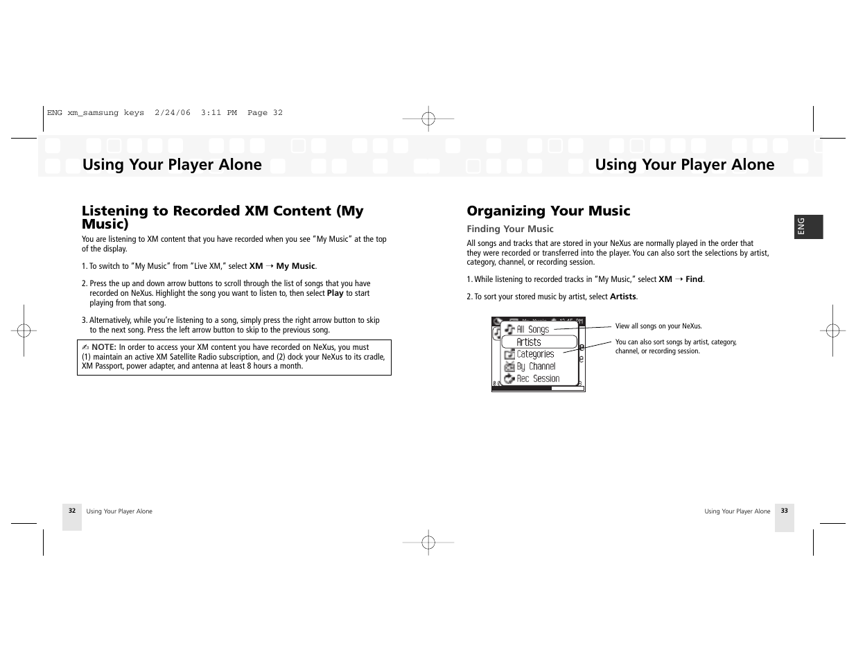 Listening to recorded xm content (my music), Organizing your music, Using your player alone | Samsung NeXus 25 User Manual | Page 17 / 40