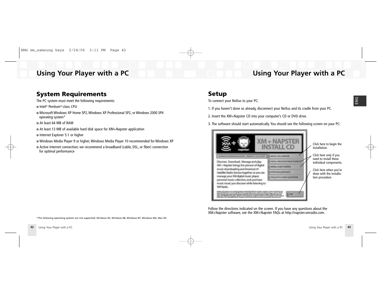 System requirements, Setup, Using your player with a pc | Samsung NeXus 25 User Manual | Page 22 / 40