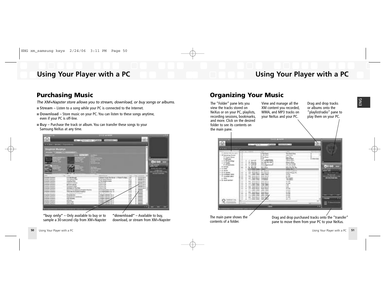 Purchasing music, Organizing your music, Using your player with a pc | Samsung NeXus 25 User Manual | Page 26 / 40