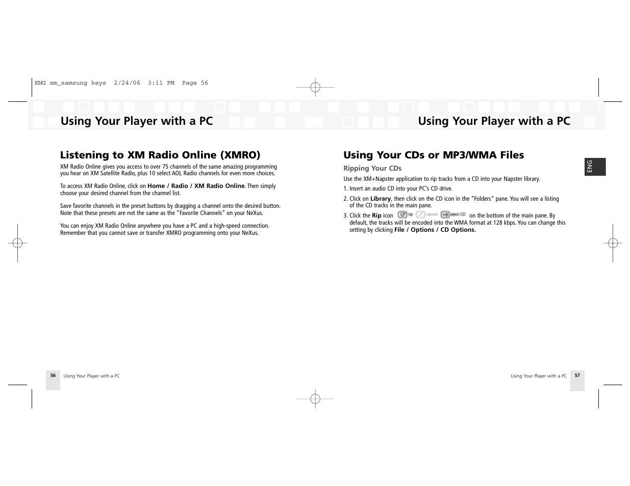 Listening to xm radio online (xmro), Using your cds or mp3/wma files, Using your player with a pc | Samsung NeXus 25 User Manual | Page 29 / 40