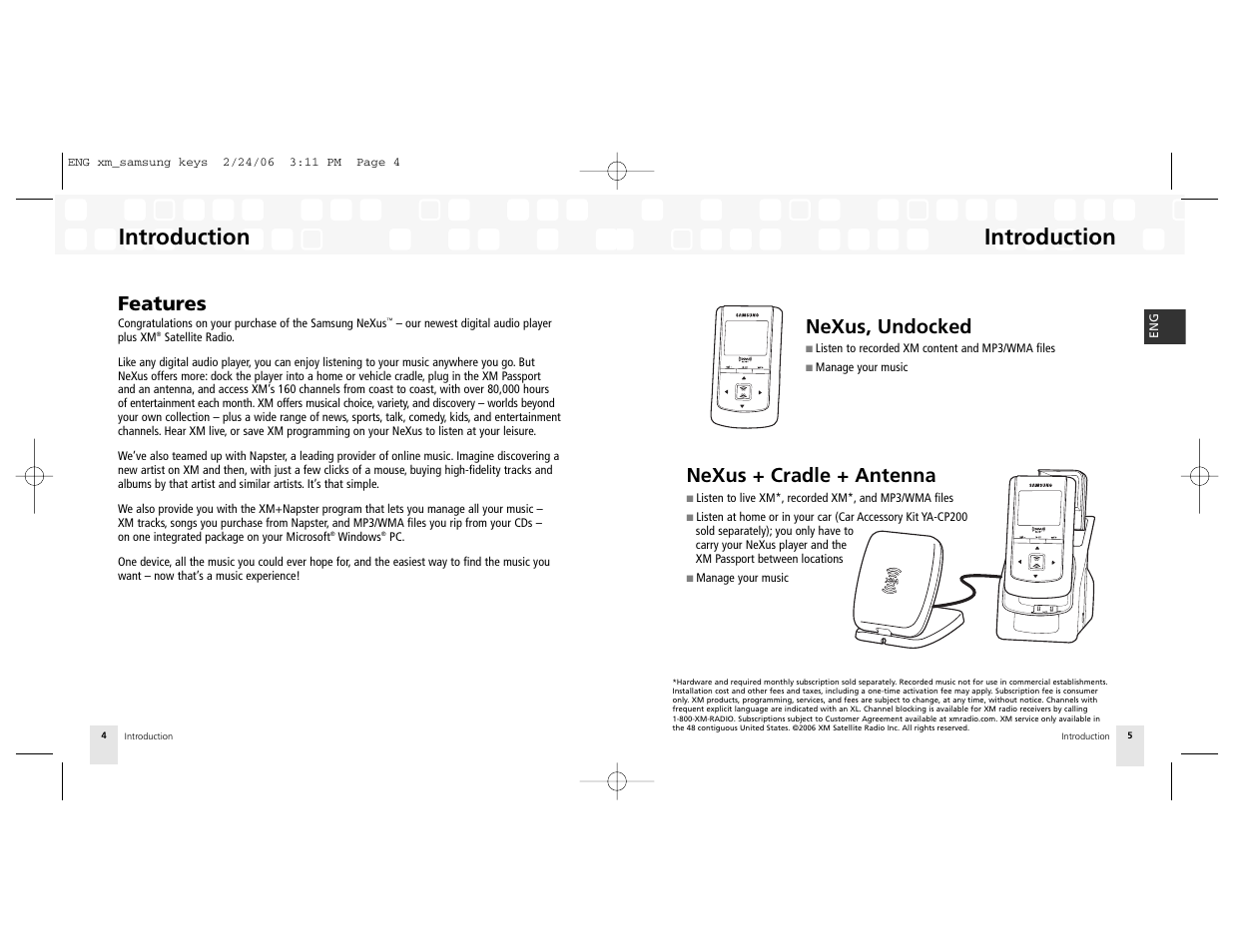 Features, Introduction, Nexus, undocked | Nexus + cradle + antenna | Samsung NeXus 25 User Manual | Page 3 / 40