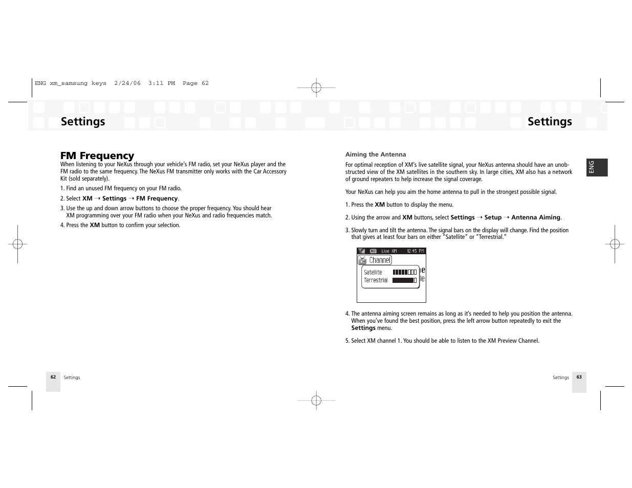 Fm frequency, Settings | Samsung NeXus 25 User Manual | Page 32 / 40