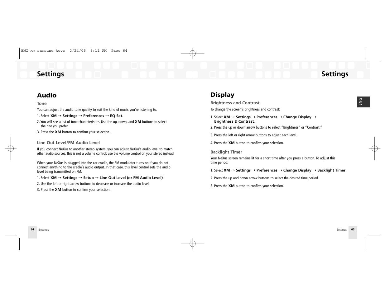 Audio, Display, Settings | Samsung NeXus 25 User Manual | Page 33 / 40