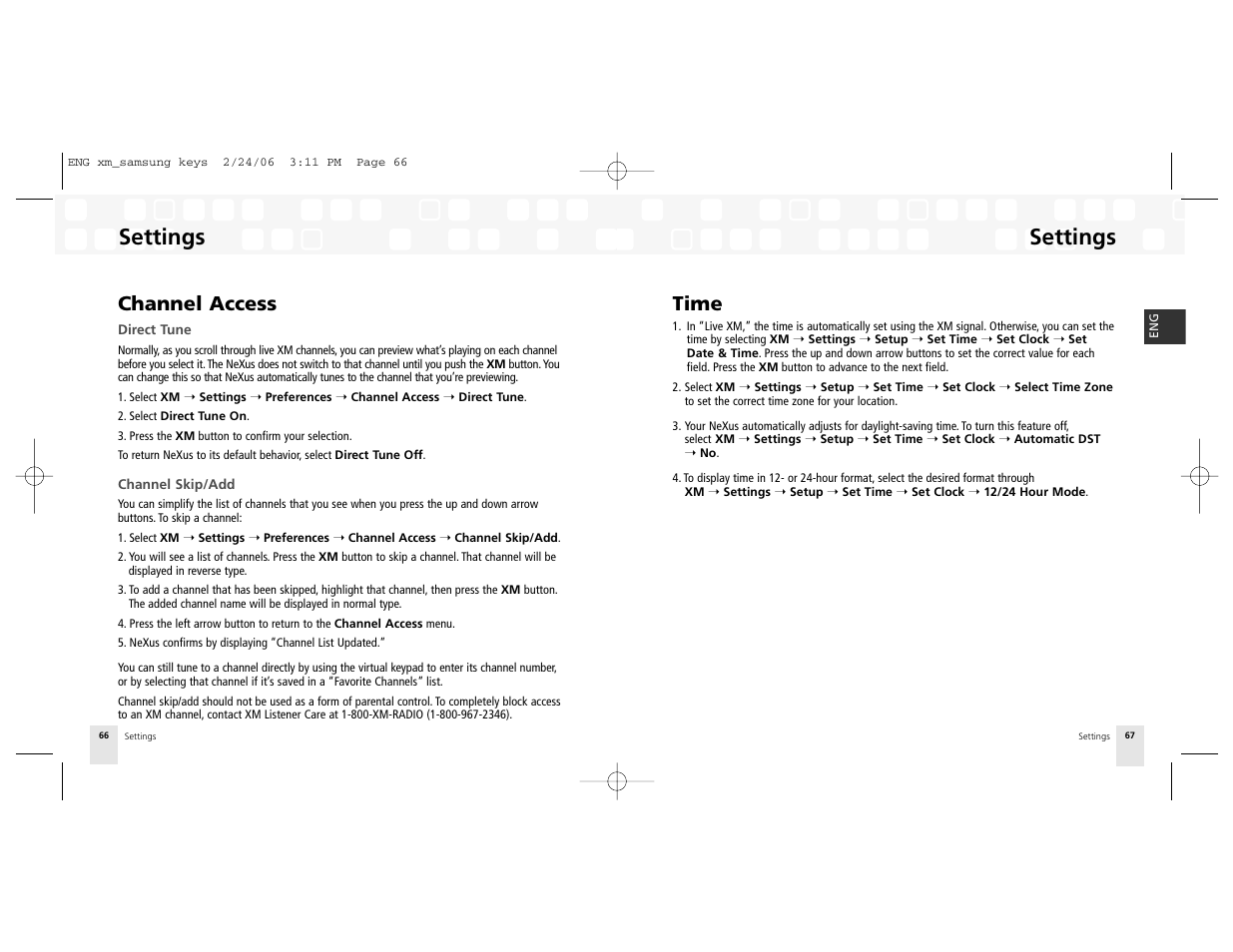 Channel access, Time, Settings | Samsung NeXus 25 User Manual | Page 34 / 40