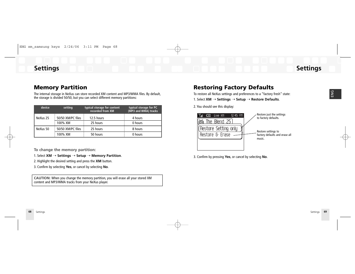 Memory partition, Restoring factory defaults, Settings | Samsung NeXus 25 User Manual | Page 35 / 40
