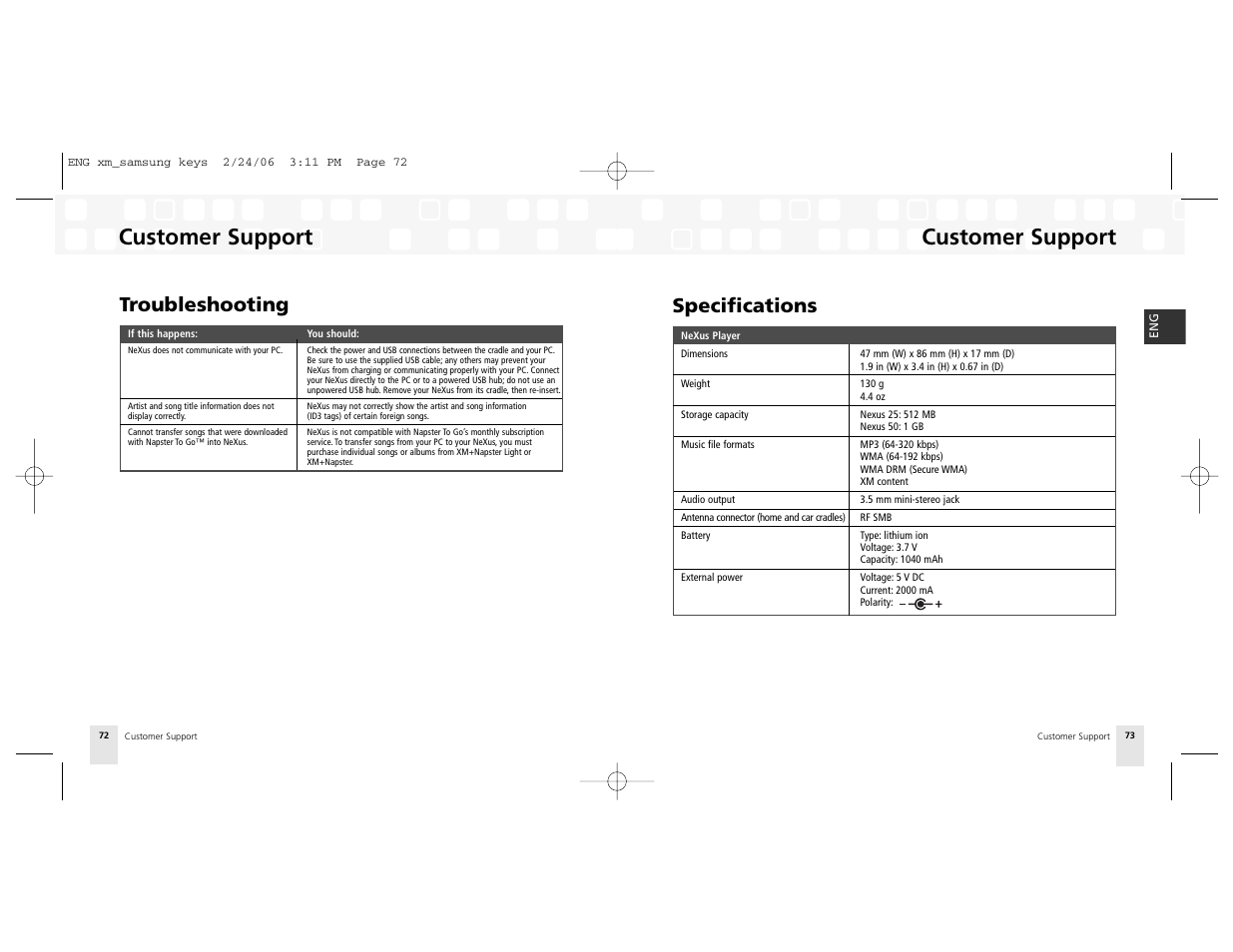 Specifications, Customer support, Troubleshooting | Samsung NeXus 25 User Manual | Page 37 / 40