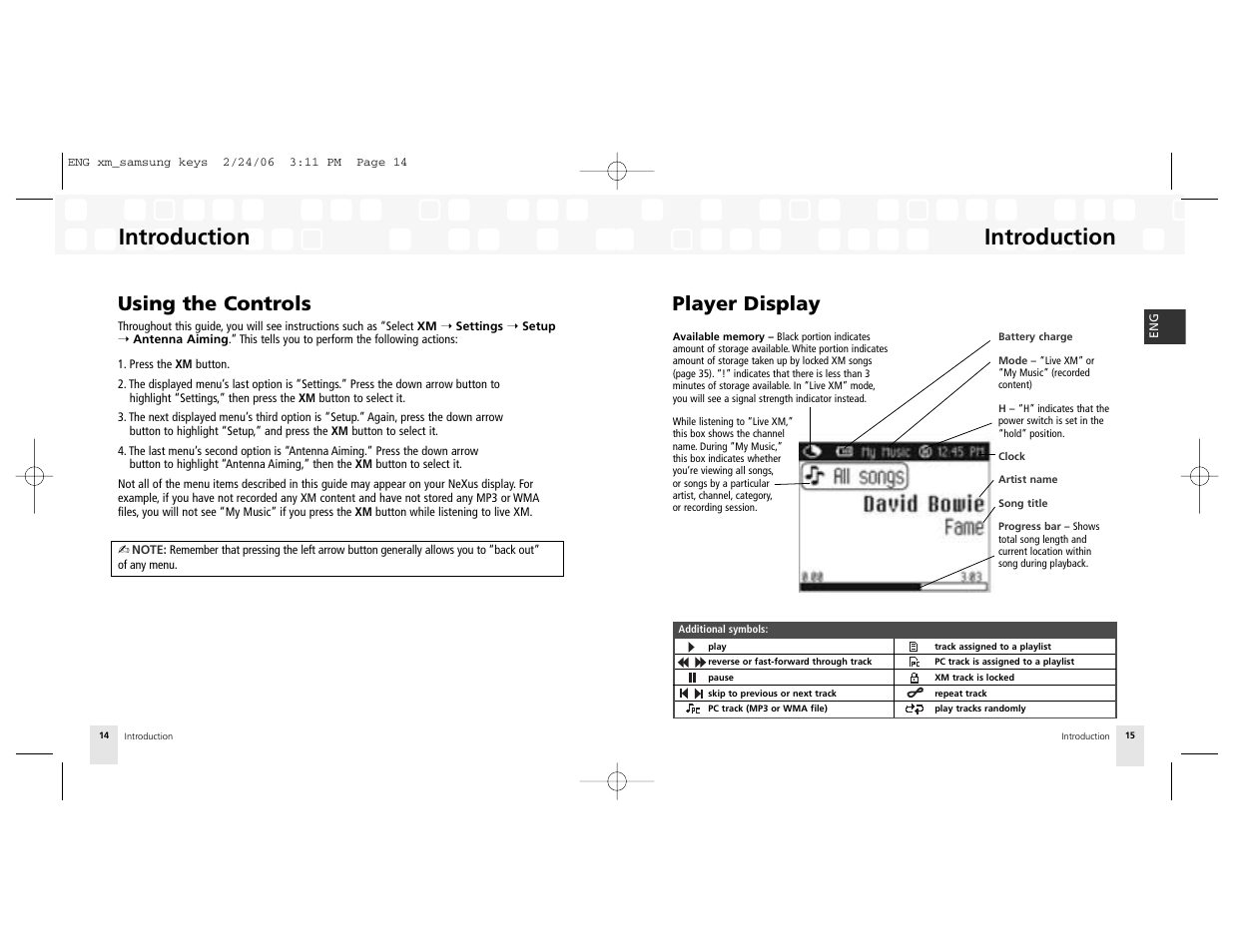 Using the controls, Player display, Introduction | Samsung NeXus 25 User Manual | Page 8 / 40