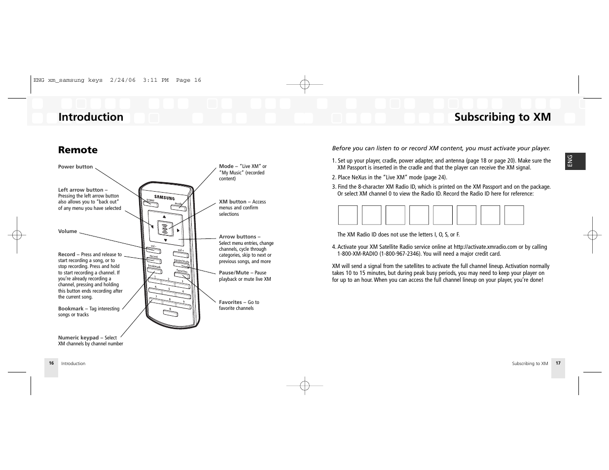 Remote, Subscribing to xm | Samsung NeXus 25 User Manual | Page 9 / 40