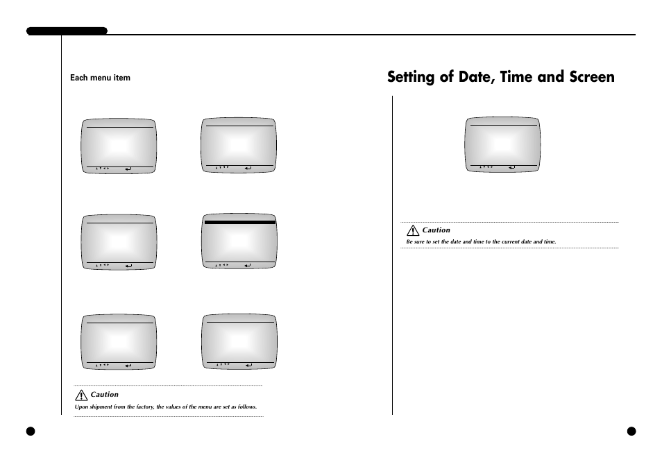 Setting of date, time and screen, Each menu item, Caution | Samsung SCR-3000P User Manual | Page 22 / 52