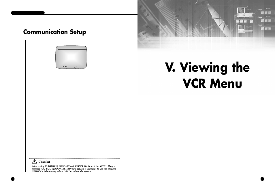 V. viewing the vcr menu, Communication setup | Samsung SCR-3000P User Manual | Page 28 / 52