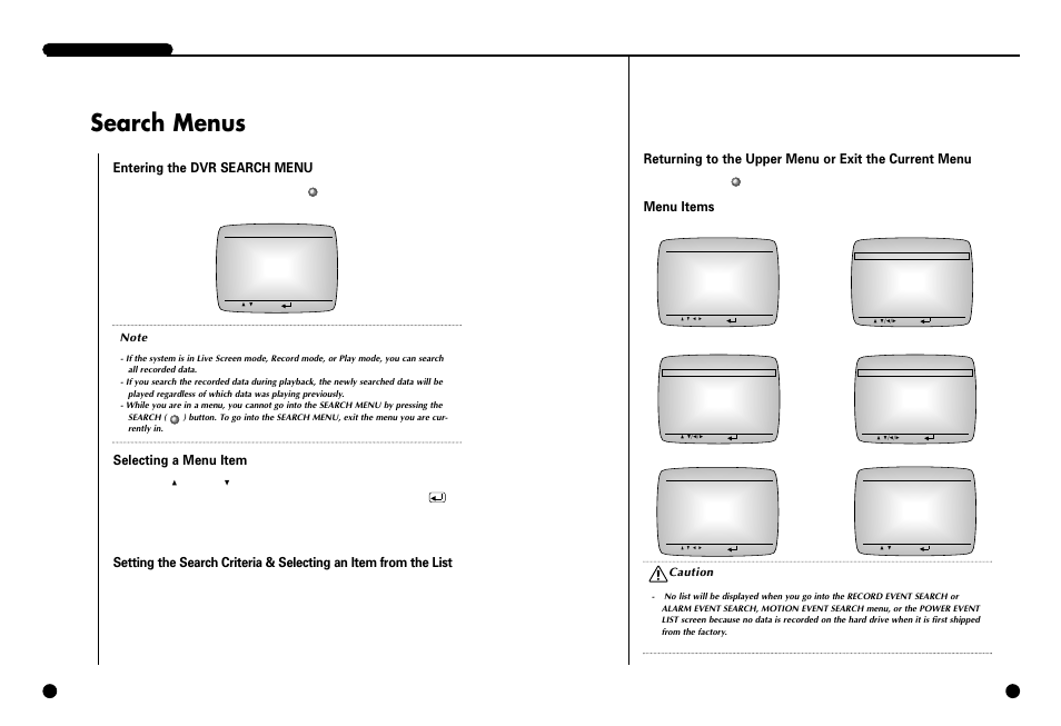 Search menus, Entering the dvr search menu, Selecting a menu item | Menu items | Samsung SCR-3000P User Manual | Page 40 / 52