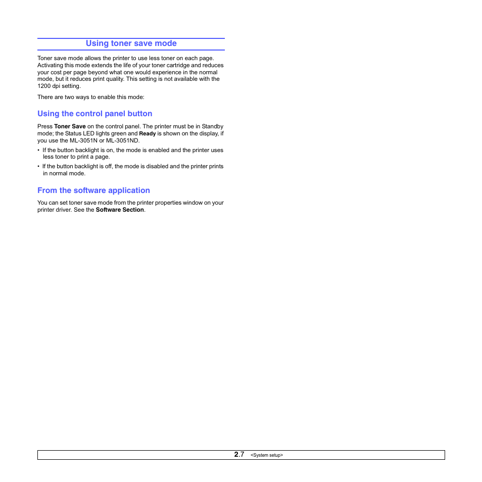 Using toner save mode, Using the control panel button, From the software application | Samsung ML-3050 User Manual | Page 20 / 101