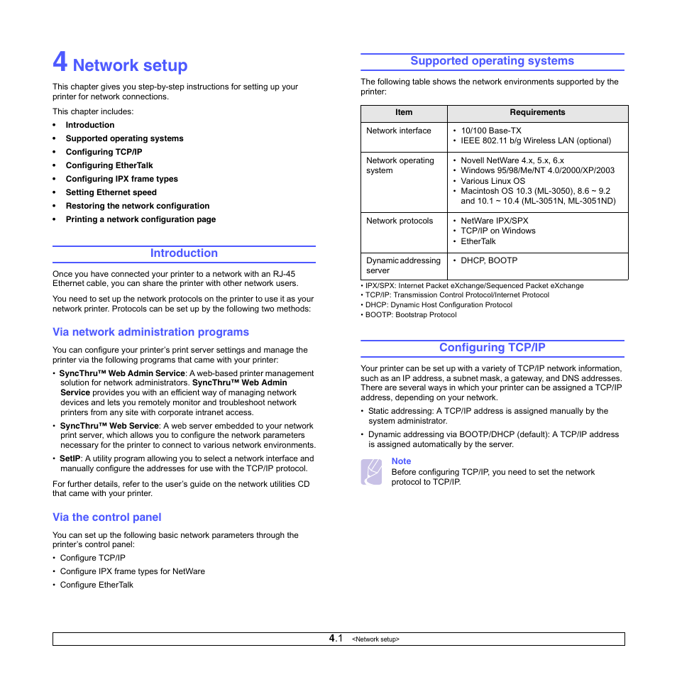 Network setup, Introduction, Via network administration programs | Via the control panel, Supported operating systems, Configuring tcp/ip | Samsung ML-3050 User Manual | Page 24 / 101