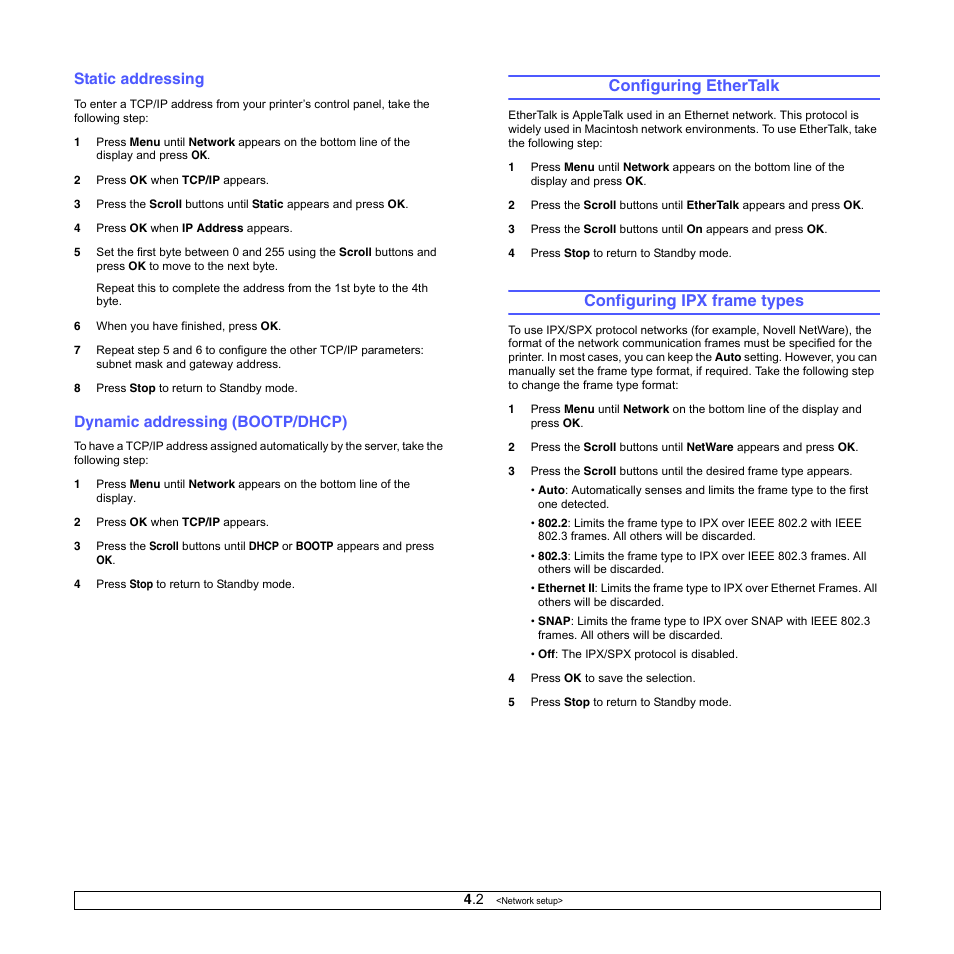 Static addressing, Dynamic addressing (bootp/dhcp), Configuring ethertalk | Configuring ipx frame types | Samsung ML-3050 User Manual | Page 25 / 101