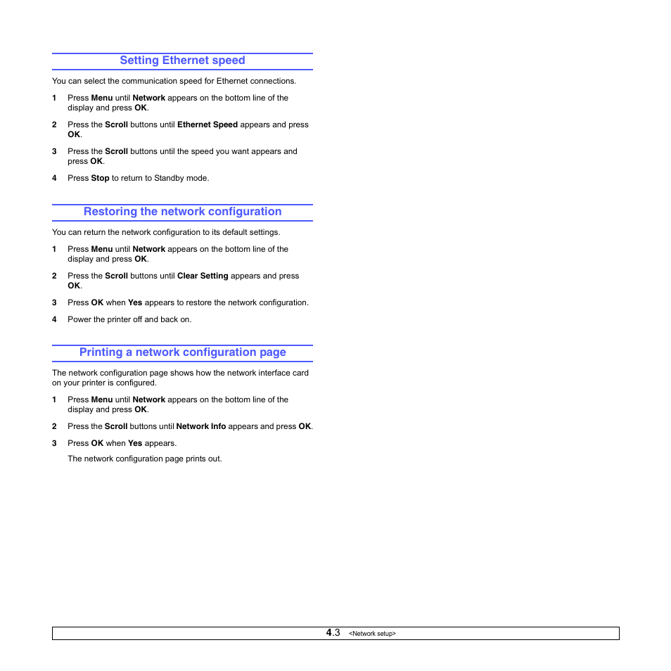 Setting ethernet speed, Restoring the network configuration, Printing a network configuration page | Samsung ML-3050 User Manual | Page 26 / 101
