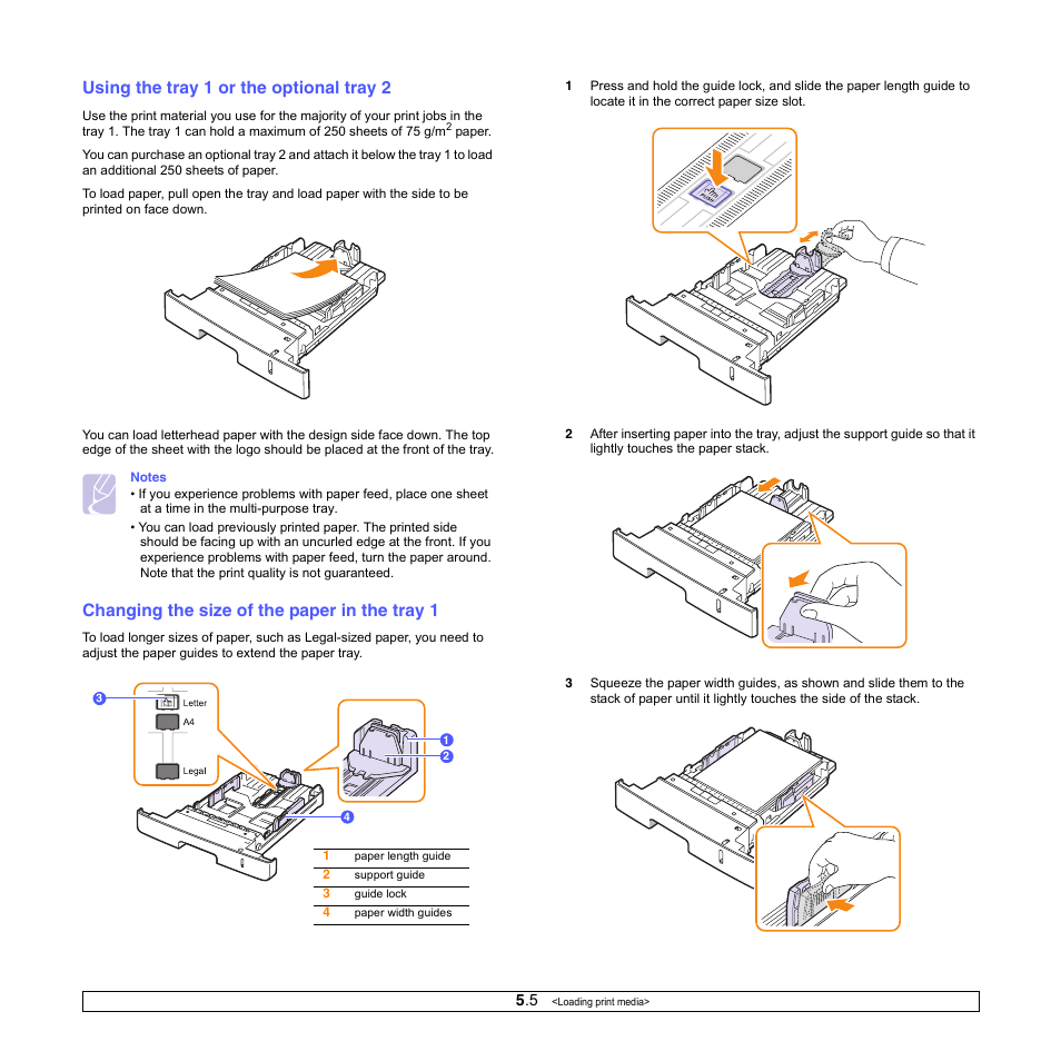 Using the tray 1 or the optional tray 2, Changing the size of the paper in the tray 1 | Samsung ML-3050 User Manual | Page 31 / 101