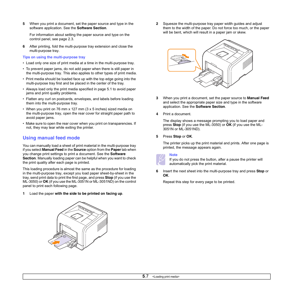 Using manual feed mode | Samsung ML-3050 User Manual | Page 33 / 101