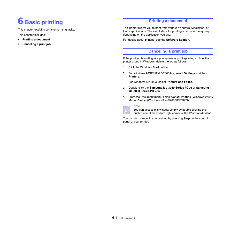 Basic printing, Printing a document, Canceling a print job | Samsung ML-3050 User Manual | Page 35 / 101