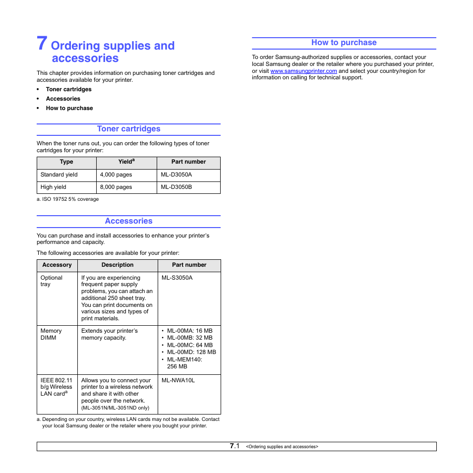 Ordering supplies and accessories, Toner cartridges, Accessories | How to purchase | Samsung ML-3050 User Manual | Page 36 / 101