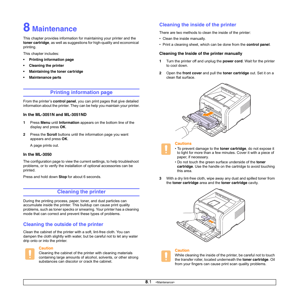 Maintenance, Cleaning the printer, Cleaning the outside of the printer | Cleaning the inside of the printer, Printing information page | Samsung ML-3050 User Manual | Page 37 / 101