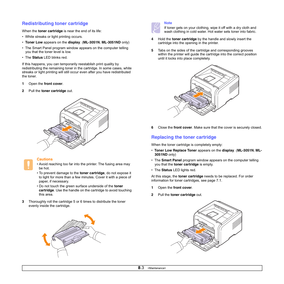 Redistributing toner cartridge, Replacing the toner cartridge | Samsung ML-3050 User Manual | Page 39 / 101