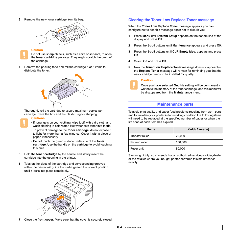 Clearing the toner low replace toner message, Maintenance parts | Samsung ML-3050 User Manual | Page 40 / 101