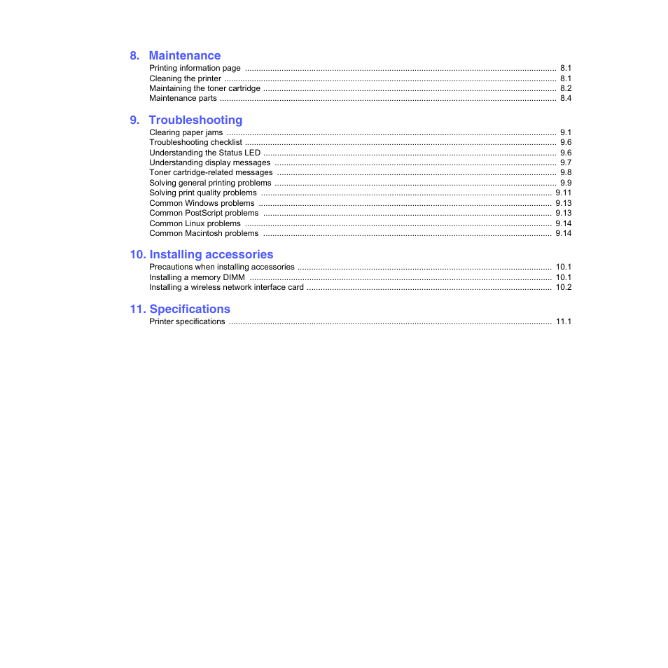 Maintenance, Troubleshooting, Installing accessories | Specifications | Samsung ML-3050 User Manual | Page 5 / 101
