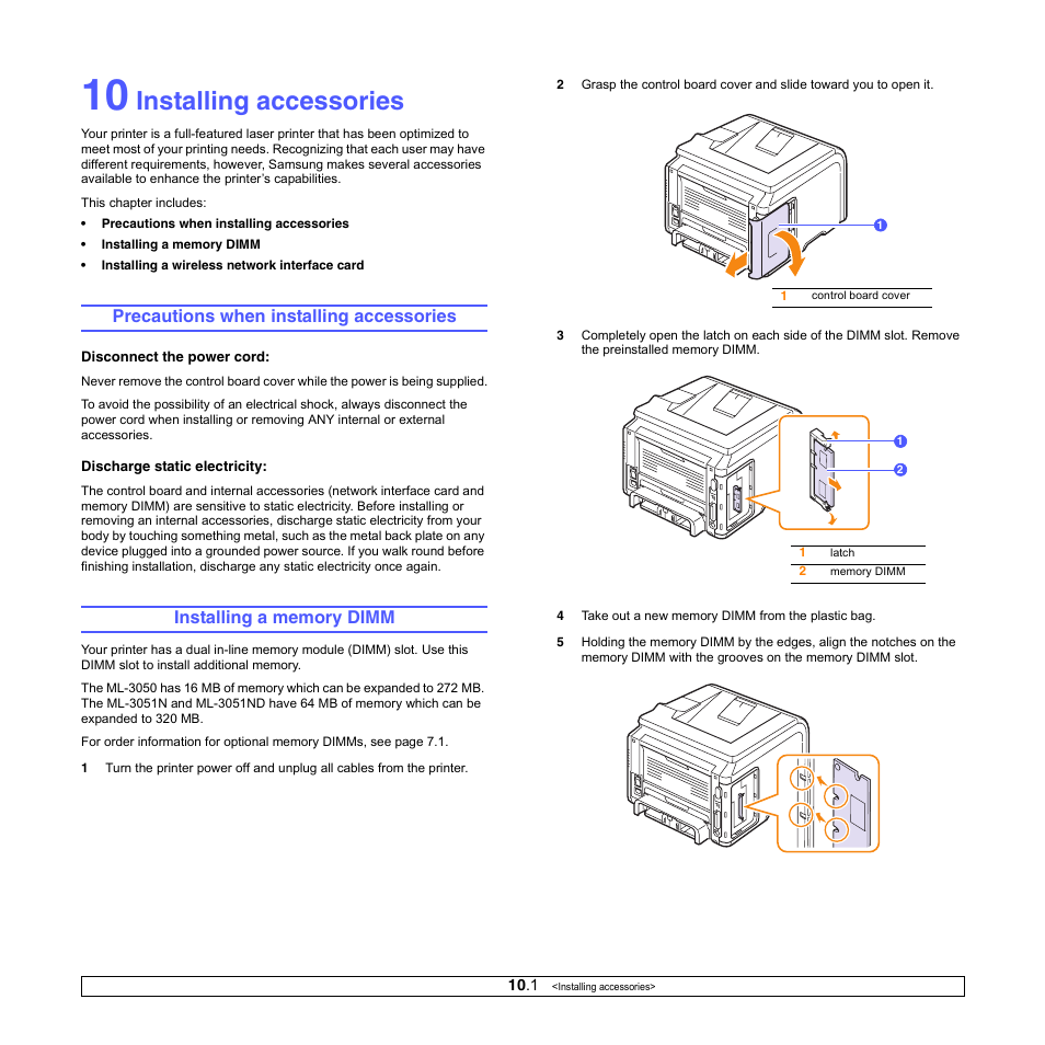 Installing accessories, Precautions when installing accessories, Installing a memory dimm | Samsung ML-3050 User Manual | Page 55 / 101