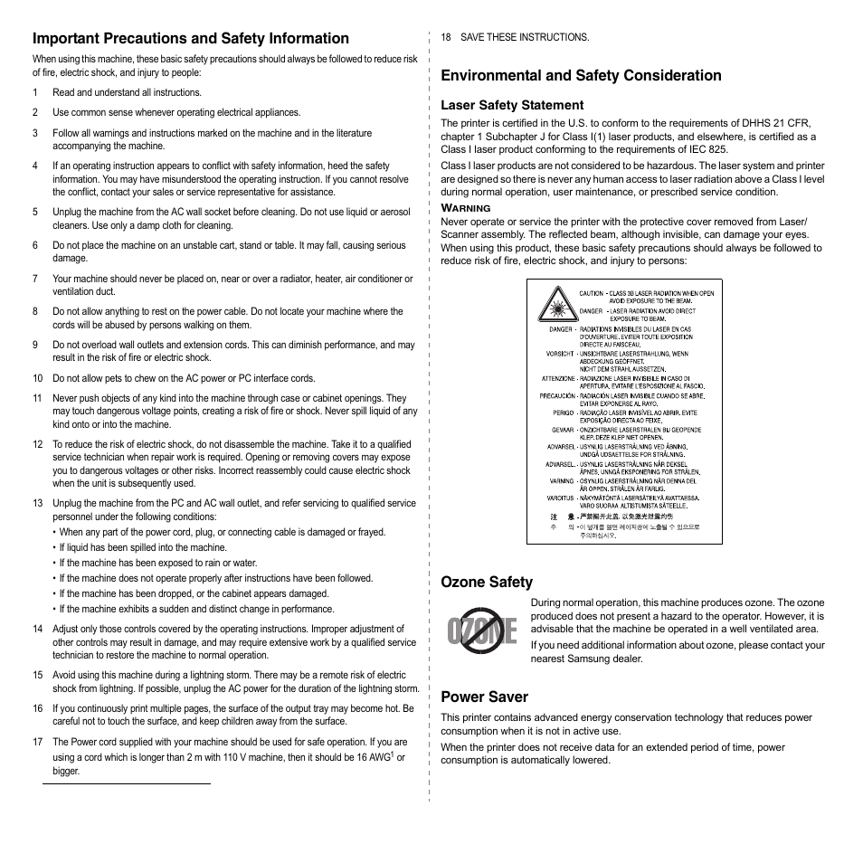 Important precautions and safety information, Environmental and safety consideration, Ozone safety | Power saver | Samsung ML-3050 User Manual | Page 6 / 101
