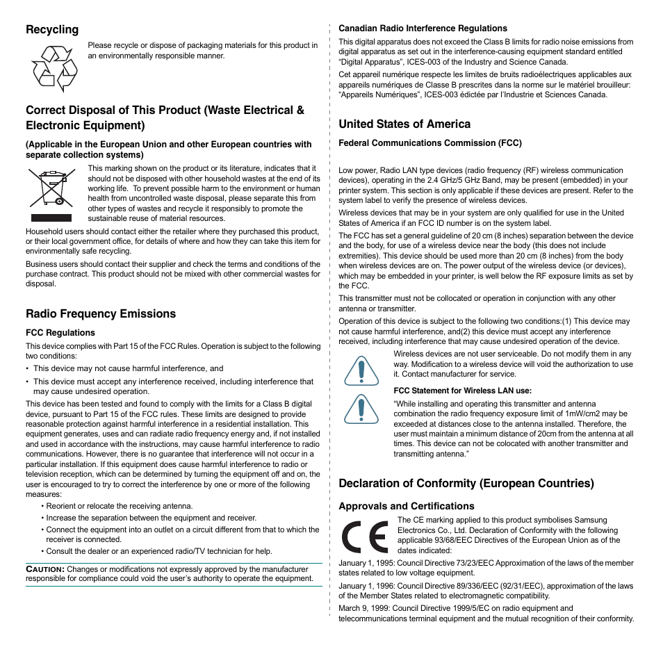 Recycling, Radio frequency emissions, United states of america | Declaration of conformity (european countries) | Samsung ML-3050 User Manual | Page 7 / 101