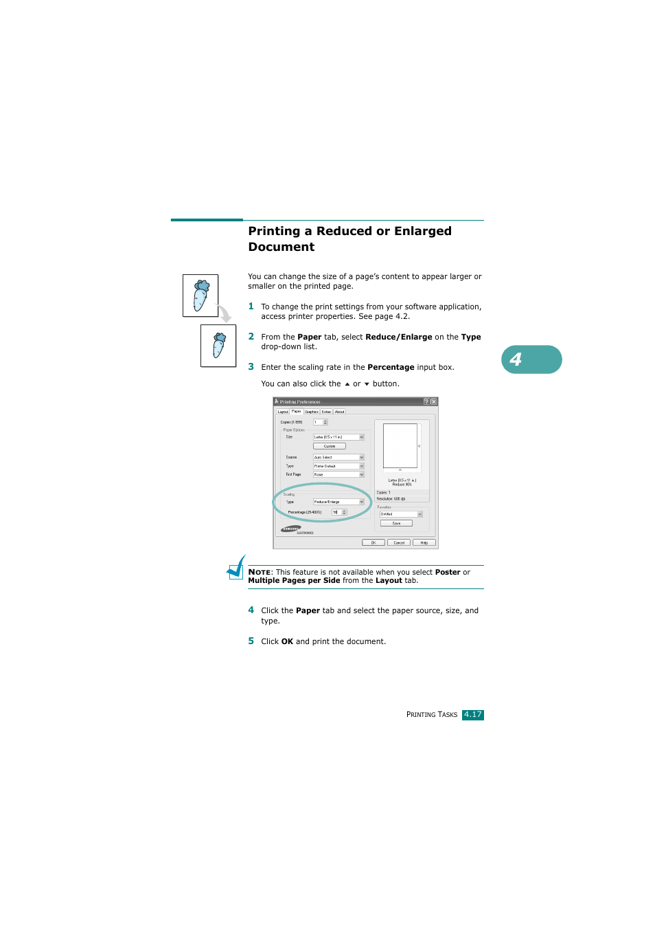 Printing a reduced or enlarged document | Samsung SCX-4720FN User Manual | Page 104 / 302