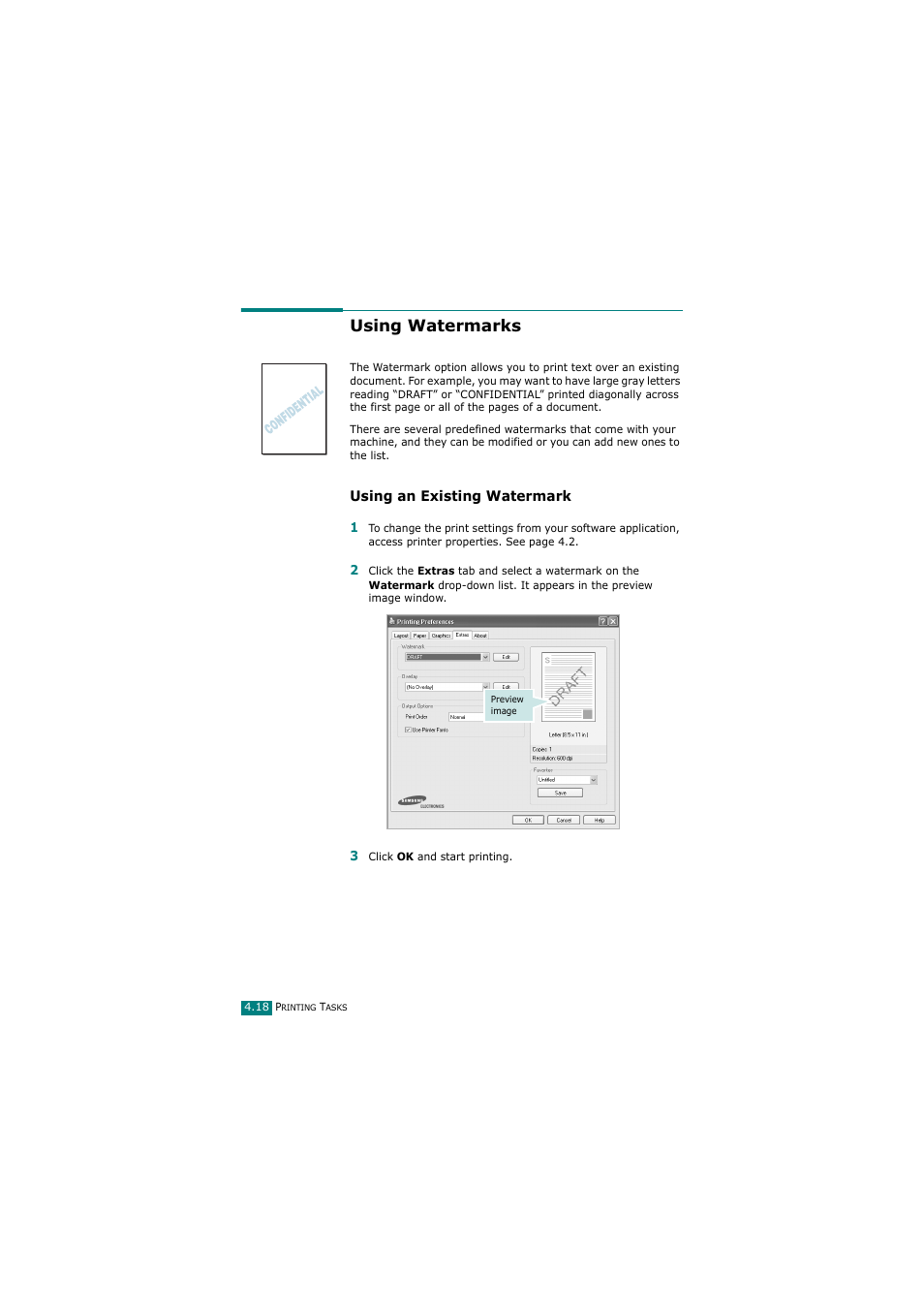 Using watermarks, Using an existing watermark | Samsung SCX-4720FN User Manual | Page 105 / 302