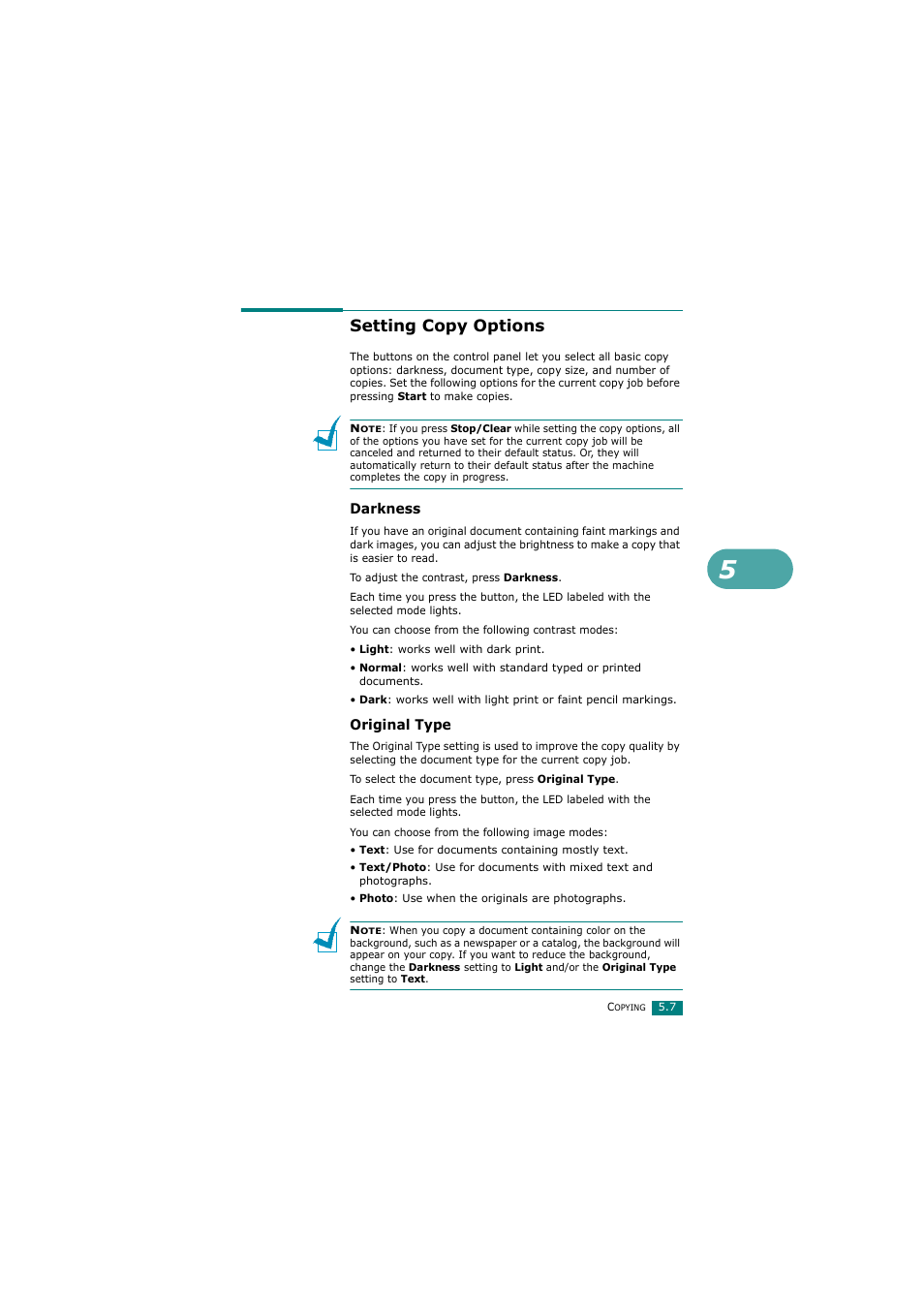 Setting copy options, Darkness, Original type | Samsung SCX-4720FN User Manual | Page 118 / 302