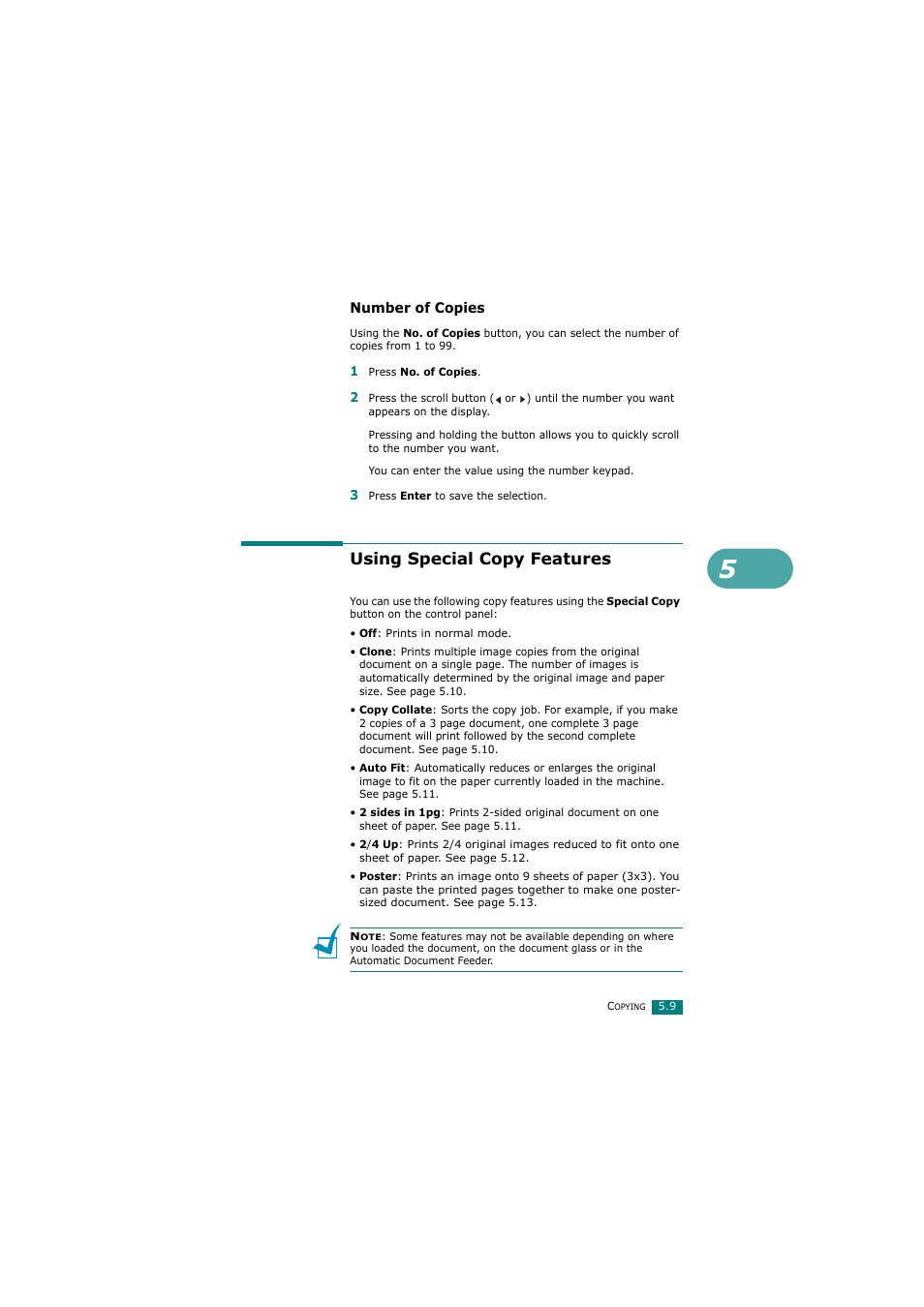 Number of copies, Using special copy features | Samsung SCX-4720FN User Manual | Page 120 / 302