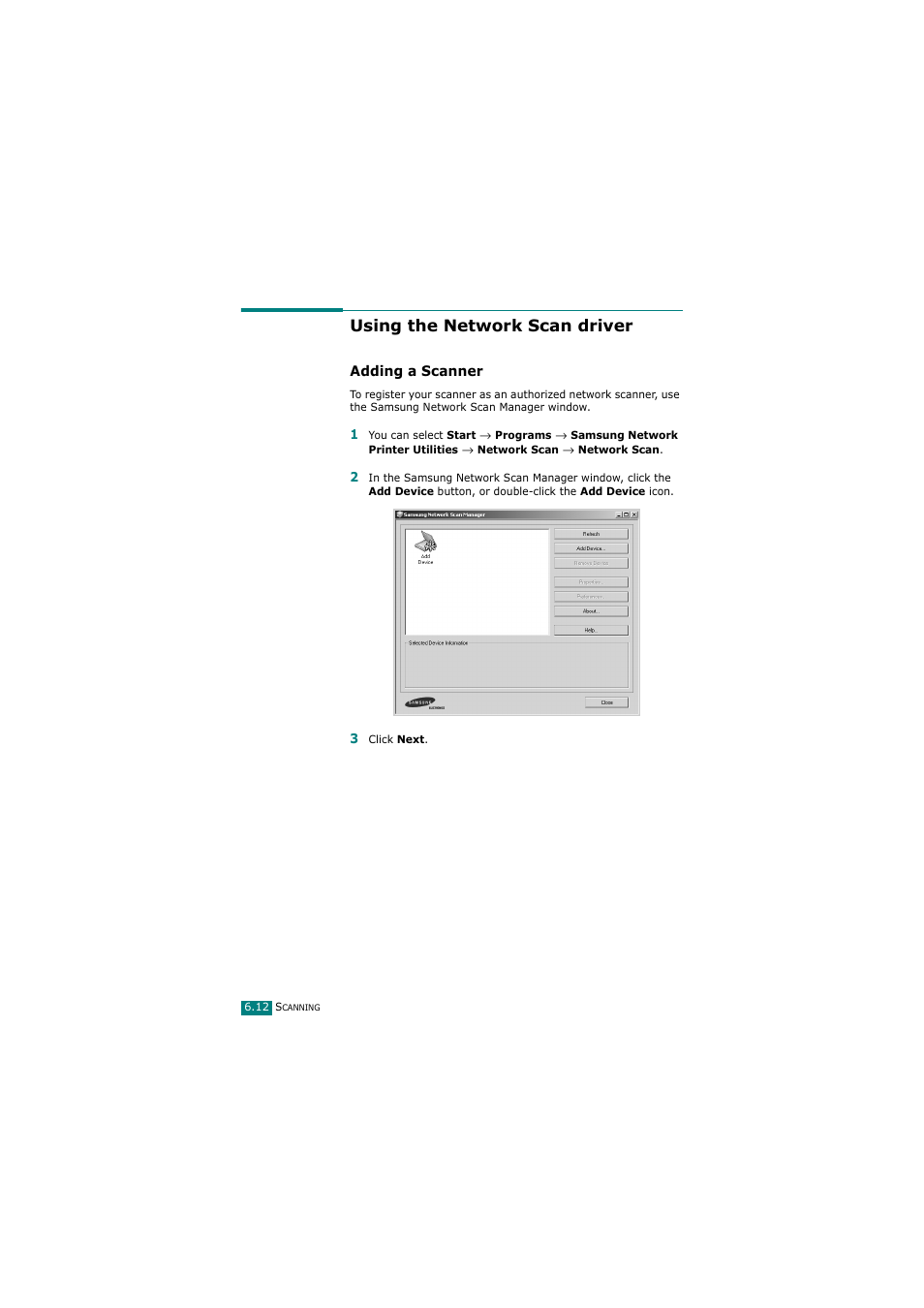 Using the network scan driver, Adding a scanner | Samsung SCX-4720FN User Manual | Page 139 / 302