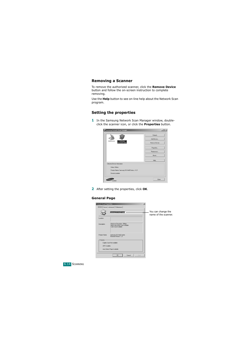 Removing a scanner, Setting the properties | Samsung SCX-4720FN User Manual | Page 141 / 302