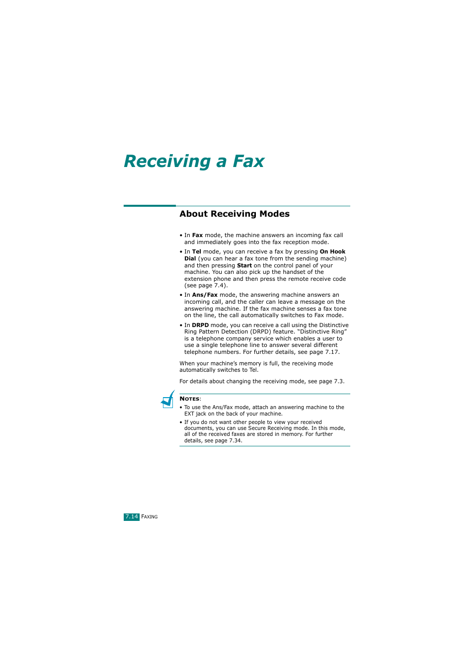 About receiving modes, Receiving a fax | Samsung SCX-4720FN User Manual | Page 159 / 302