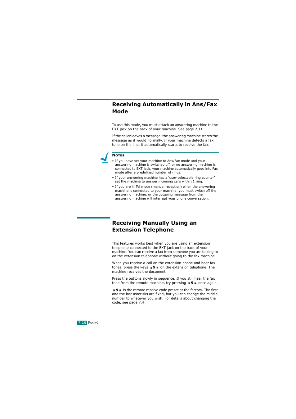 Receiving automatically in ans/fax mode, Receiving manually using an extension telephone | Samsung SCX-4720FN User Manual | Page 161 / 302