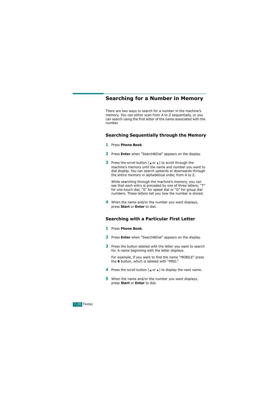 Searching for a number in memory, Searching sequentially through the memory, Searching with a particular first letter | Samsung SCX-4720FN User Manual | Page 171 / 302