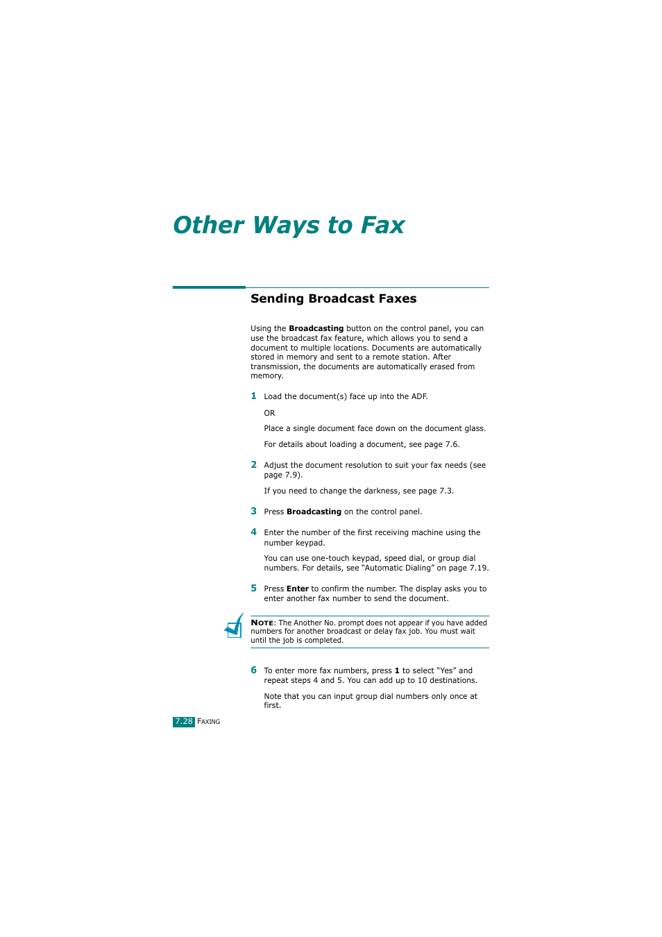 Sending broadcast faxes, Other ways to fax | Samsung SCX-4720FN User Manual | Page 173 / 302