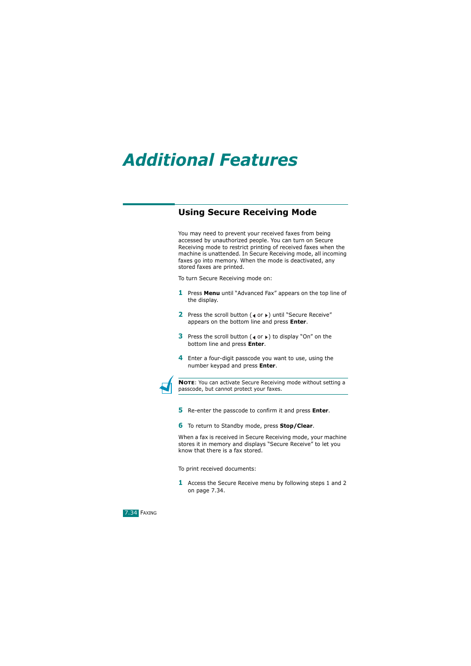 Using secure receiving mode, Additional features | Samsung SCX-4720FN User Manual | Page 179 / 302