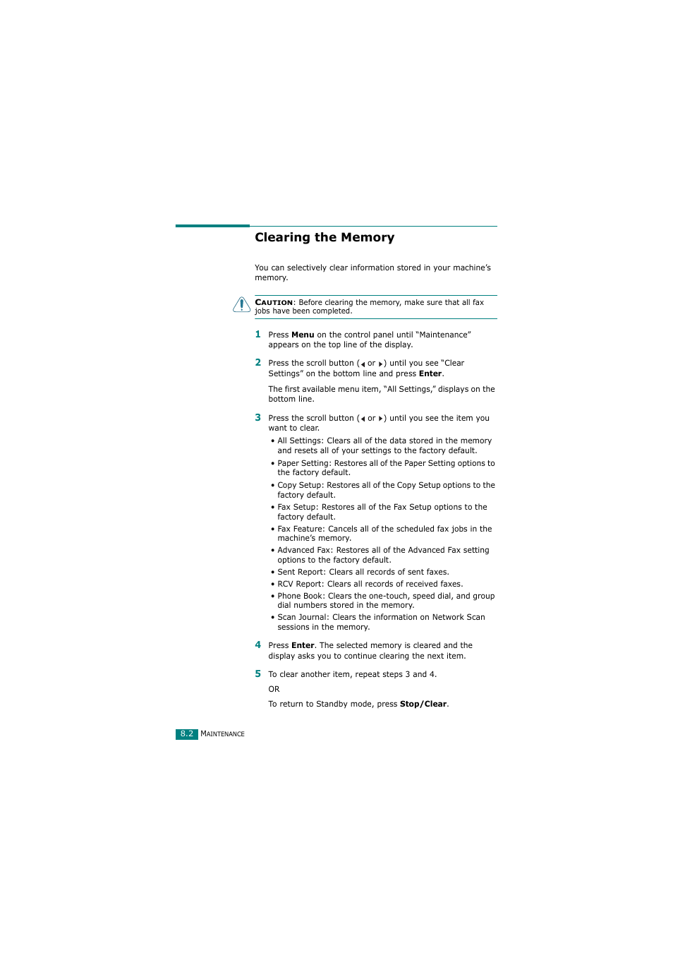 Clearing the memory | Samsung SCX-4720FN User Manual | Page 187 / 302