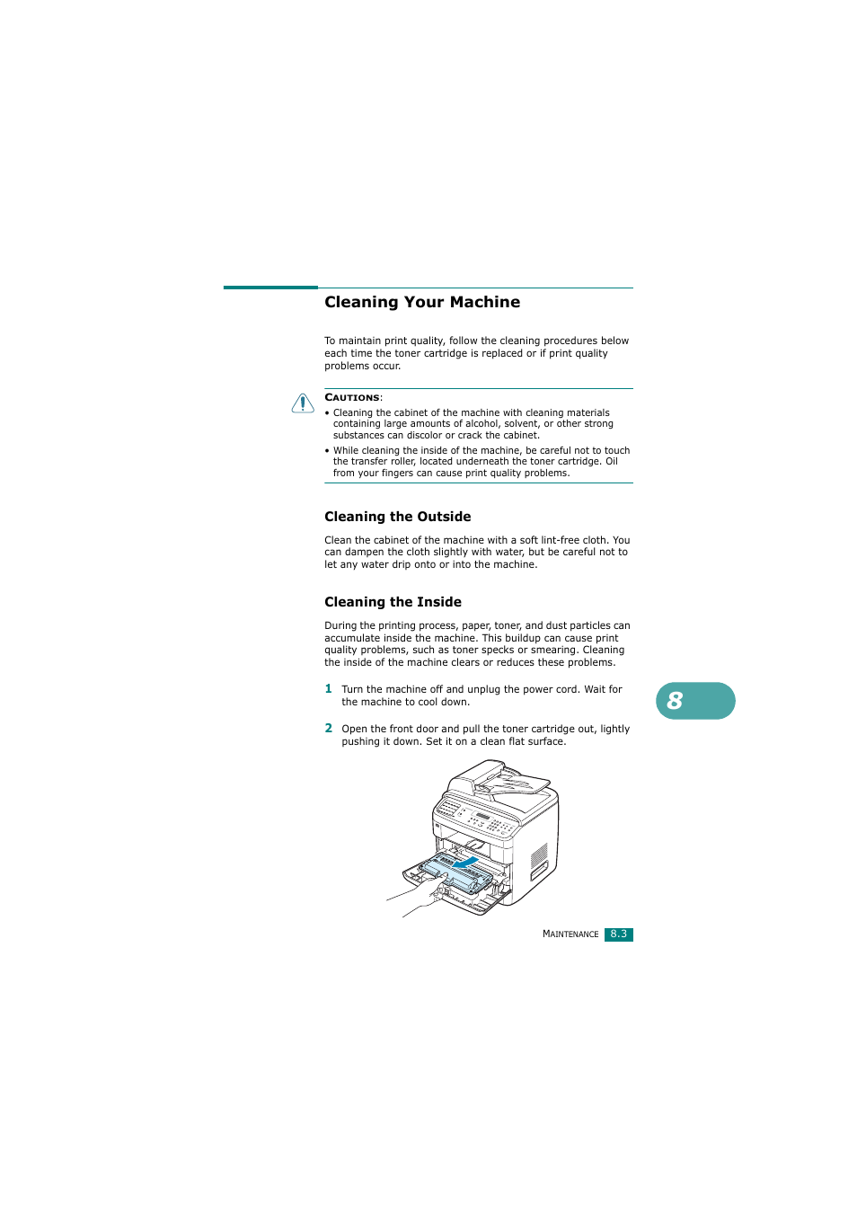 Cleaning your machine, Cleaning the outside, Cleaning the inside | Samsung SCX-4720FN User Manual | Page 188 / 302