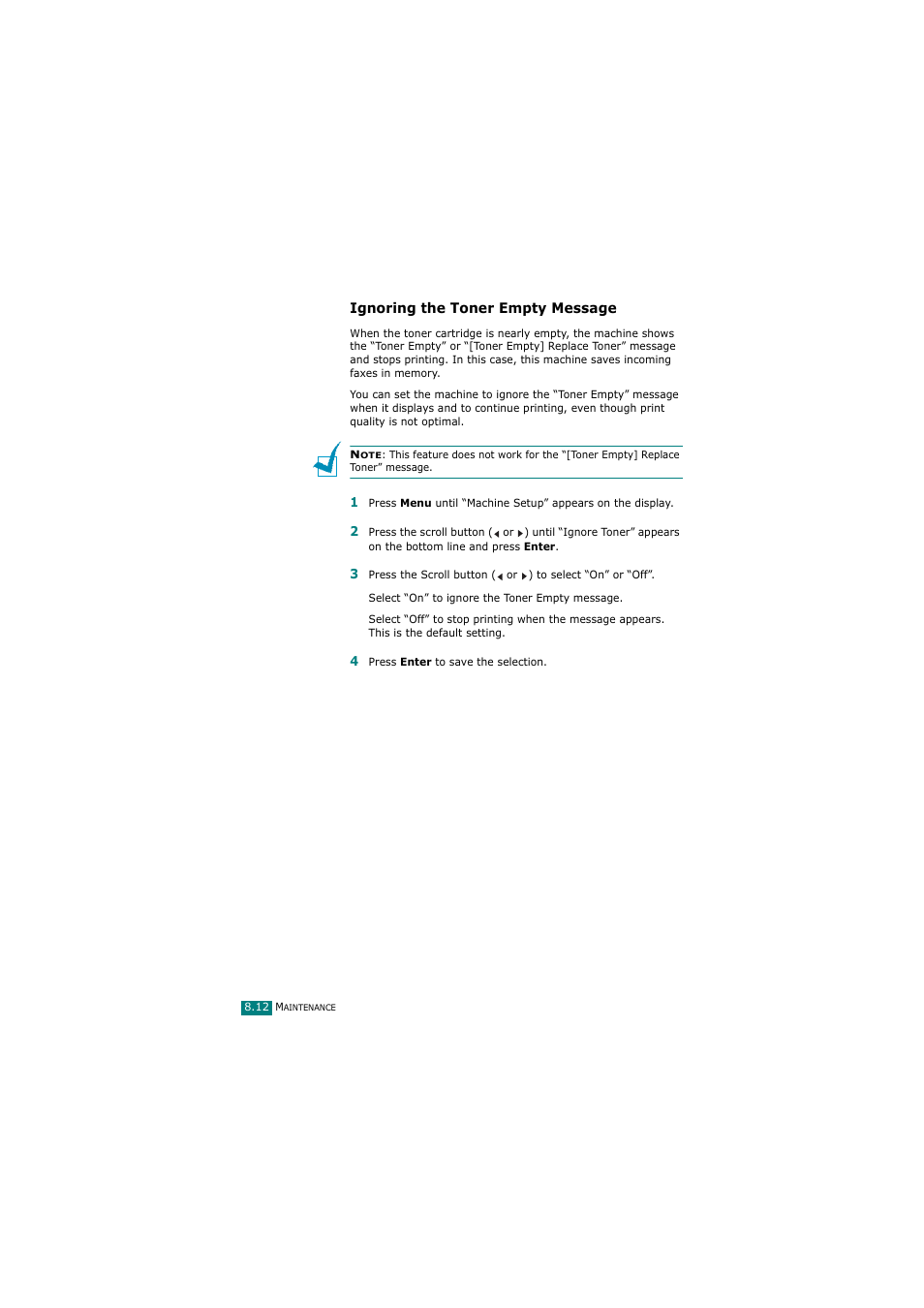 Ignoring the toner empty message | Samsung SCX-4720FN User Manual | Page 197 / 302