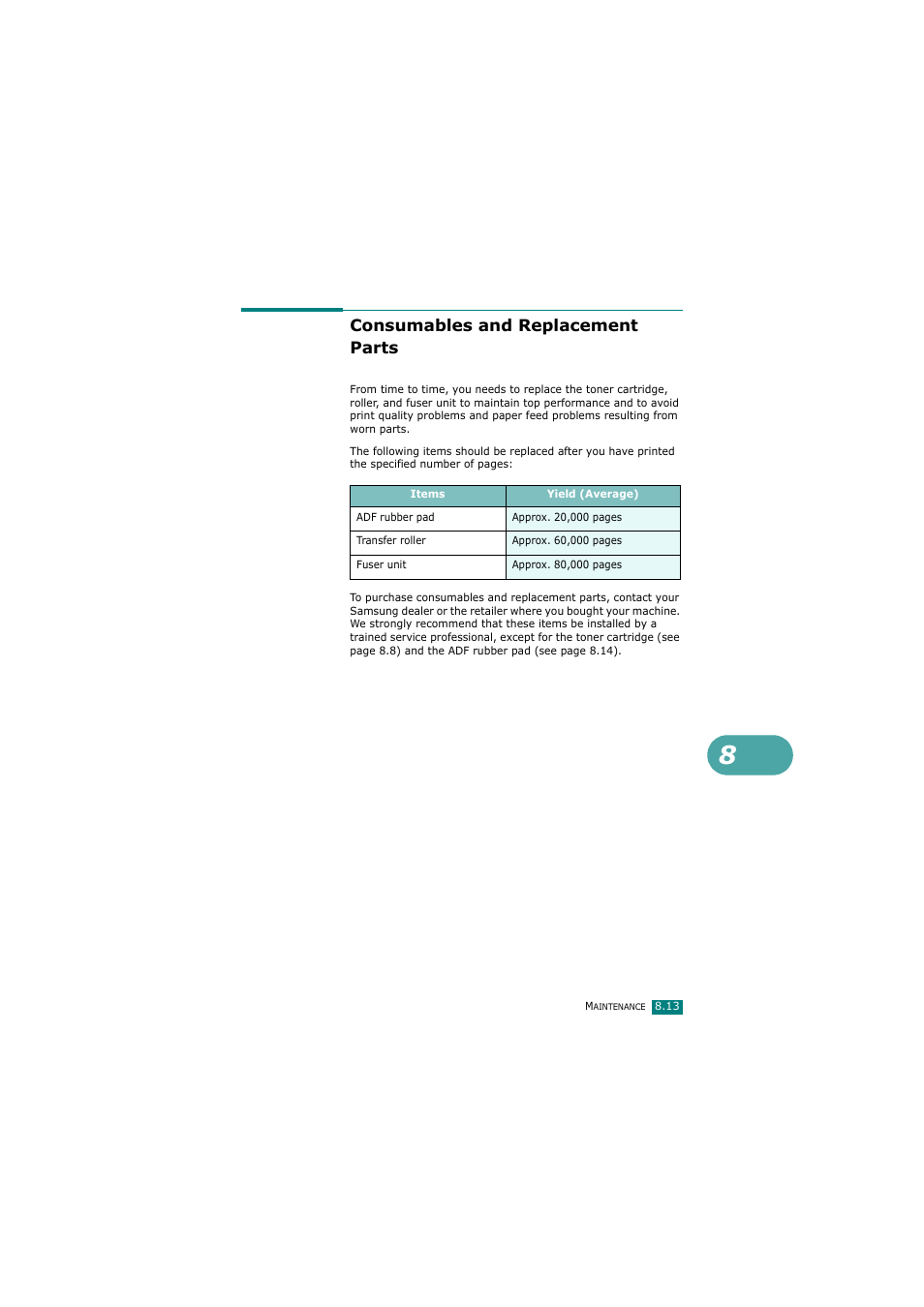 Consumables and replacement parts | Samsung SCX-4720FN User Manual | Page 198 / 302