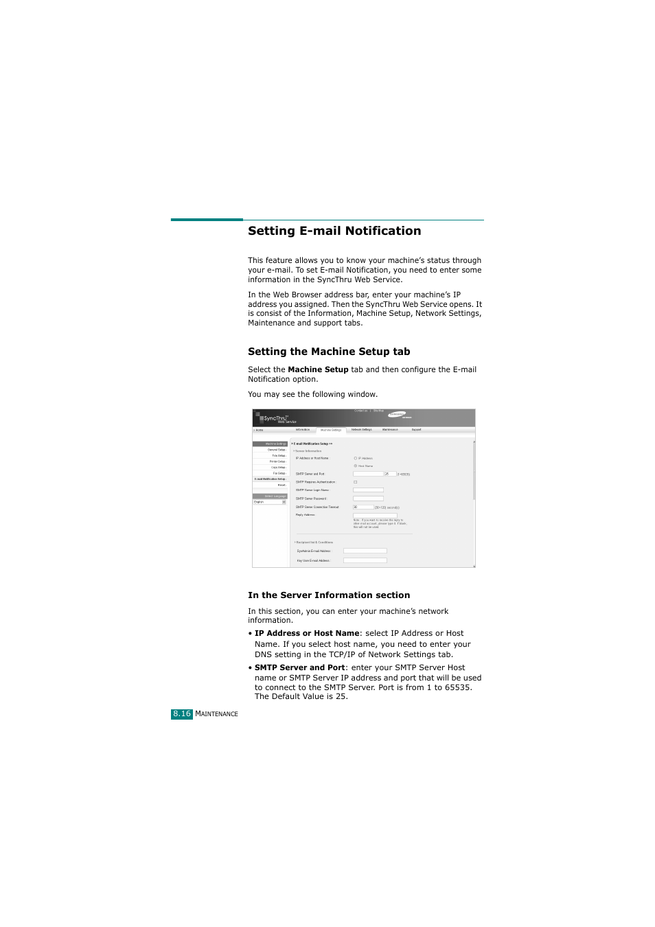 Setting e-mail notification, Setting the machine setup tab | Samsung SCX-4720FN User Manual | Page 201 / 302