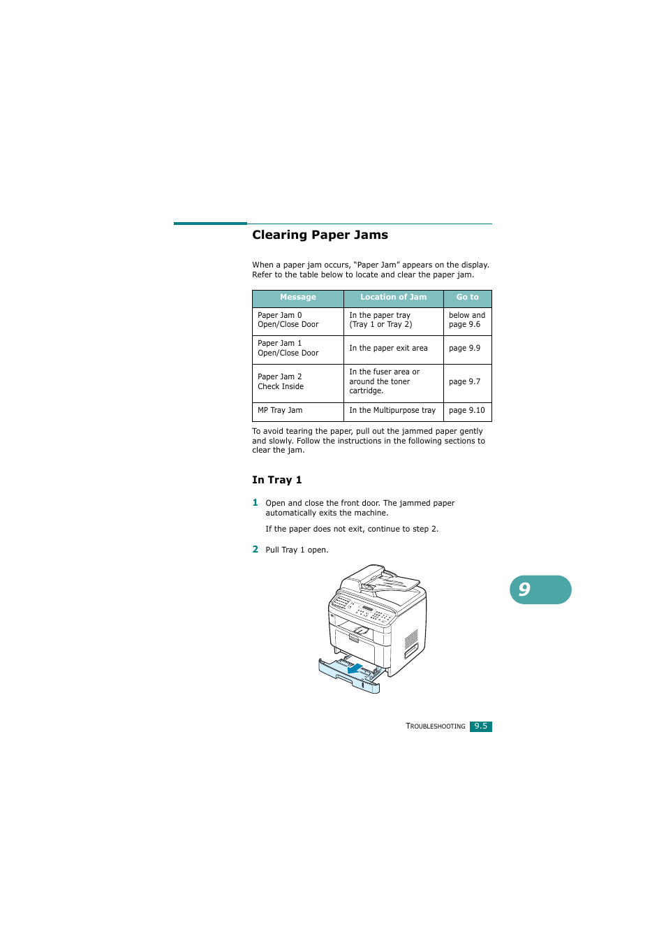 Clearing paper jams, In tray 1 | Samsung SCX-4720FN User Manual | Page 210 / 302